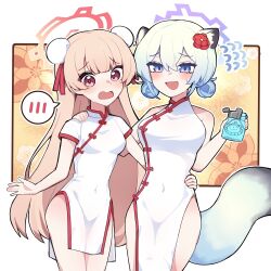  2girls animal_ears blonde_hair blue_archive commentary_request double_bun fluffy_tail green_hair hair_bun halo hand_on_another's_shoulder hand_on_another's_waist holding long_hair looking_at_viewer multiple_girls nodoka_(blue_archive) nodoka_(hot_spring)_(blue_archive) nueong purple_halo red_eyes red_halo shigure_(blue_archive) shigure_(hot_spring)_(blue_archive) short_hair violet_eyes 