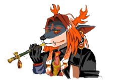  1boy antlers arknights black_gloves commentary_request dragon_boy dragon_ears dragon_horns earrings facial_hair fangs frider furry furry_male gloves holding holding_smoking_pipe horns jewelry kiseru male_focus necktie orange_hair simple_background smoking_pipe solo upper_body wei_yenwu_(arknights) white_background 