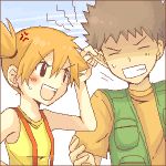  &gt;:) 1girl angry bad_id blush border brown_hair clenched_teeth ear_grab flat_chest grey_hair kasumi_(pokemon) lowres mini_mamu oekaki orange_hair pokemon pokemon_(anime) short_hair side_ponytail suspenders sweatdrop takeshi_(pokemon) tank_top vest 