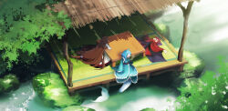  3girls animal_ears black_shirt blue_hair blue_kimono bow brown_hair cloak closed_eyes commentary_request day dress fins grass_root_youkai_network hair_bow haruaki_(onkai_planaria) head_fins imaizumi_kagerou japanese_clothes kimono long_hair long_sleeves lying merfolk mermaid monster_girl multiple_girls obi on_back open_mouth red_cloak red_hair red_skirt sash sekibanki shirt sitting skirt smile soaking_feet table tatami teeth touhou upper_teeth_only wakasagihime water white_dress wolf_ears wolf_girl 
