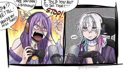  2boys anger_vein angry black_gloves blue_eyes blue_hair border braid chair claw_pose coat commentary controller drooling english_commentary english_text first_stage_production gaming_chair gavis_bettel gavis_bettel_(1st_costume) gloves grey_hair hair_between_eyes headphones heterochromia highres holding holding_controller holostars holostars_english long_hair male_focus medium_hair microphone multicolored_hair multiple_boys open_mouth outline phantom_(gavis_bettel) pink_eyes pink_hair playing_games purple_hair rainycoffeebean scarf screaming shiki_katagami short_hair speech_bubble static_background striped_coat swivel_chair untranslatable_commentary upper_body vertical-striped_coat virtual_youtuber white_outline white_scarf 