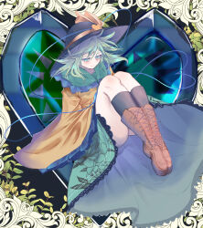  1girl black_hat black_socks boots bow brown_boots closed_mouth collared_shirt floral_print frilled_shirt_collar frilled_sleeves frills green_eyes green_hair green_skirt hat hat_bow heart heart_of_string highres kanaria_(bcomn) knee_boots kneehighs komeiji_koishi lace-up_boots long_sleeves print_skirt rose_print shirt short_hair skirt smile socks solo third_eye touhou wide_sleeves yellow_bow yellow_shirt 