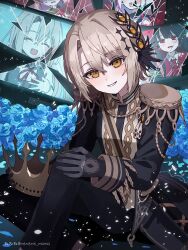  1girl black_gloves black_jacket black_pants blonde_hair blue_flower blue_rose commentary_request crossed_bangs crown feet_out_of_frame flower gloves grin hair_between_eyes hasumi_leia highres holding holding_crown jacket jogasaki_noah long_sleeves looking_at_viewer mahou_shoujo_no_majo_saiban nene_man nikaido_hiro pants parted_bangs rose short_hair sitting smile solo 
