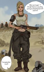  ! 1girl 3boys absurdres armor blonde_hair clouds cloudy_sky english_text expressionless fallout grass gun highres holding holding_gun holding_weapon kkghost_tv long_hair looking_at_viewer mask morning multiple_boys outdoors panicking post-apocalypse power_armor power_armor_(fallout) raider_(fallout) robbery shotgun sky surprised tall_grass tomboy weapon 