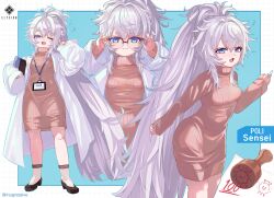  1girl absurdres adjusting_eyewear black_shoes blue_background blue_eyes book brown_sweater chalk character_name coat commentary_request dress english_text fang fluffy_hair full_body glasses goddess_of_victory:_nikke grey_hair grid_background highres holding holding_book holding_chalk id_card ink_stamp inugressive kuji-in lab_coat lanyard long_hair looking_at_viewer multiple_views one_eye_closed open_mouth over-rim_eyewear poli_(nikke) ponytail semi-rimless_eyewear shoes short_eyebrows socks standing sweater sweater_dress turtleneck turtleneck_sweater two-tone_background very_long_hair white_background white_coat white_socks 