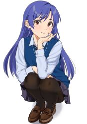  absurdres black_pantyhose blue_hair blue_necktie blue_shirt blue_vest brown_eyes collared_shirt commentary_request earphones earphones etsutsuni highres idolmaster idolmaster_(classic) kisaragi_chihaya light_blush loafers long_hair looking_at_viewer necktie pantyhose shirt shoes squatting vest white_background 
