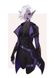  1girl absurdres artist_name asymmetrical_hair bandaged_arm bandages belt black_eyeshadow black_gloves black_pants black_shirt border bracer breasts character_request coat colored_skin commentary commission cowboy_shot cropped_legs ear_piercing earrings english_commentary eyeshadow fingerless_gloves gloves green_eyes high_collar highres jewelry long_coat long_ey long_pointy_ears looking_at_viewer makeup minemir open_clothes open_coat pants piercing pointy_ears purple_bandages purple_belt purple_lips purple_skin scar scar_across_eye scar_on_face shirt short_hair short_sleeves simple_background skinny small_breasts thigh_belt thigh_strap very_short_hair white_border white_hair 