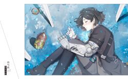  1boy black_boots black_coat black_hair blue_butterfly boots border bug butterfly closed_eyes closed_mouth coat commentary from_above gemini_(lies_of_p) grey_pants highres hnw5a lantern lies_of_p lying male_focus mechanical_arms medallion on_side pants pinocchio_(lies_of_p) planted planted_sword prosthesis prosthetic_arm short_hair single_mechanical_arm sword weapon white_border 