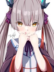  1girl :q black_robe blunt_bangs blunt_ends blush brown_hair clenched_hands closed_mouth commentary eyelashes fake_horns furrowed_brow hair_between_eyes hair_ribbon hands_up heaven_burns_red highres hime_cut horns long_hair long_sleeves looking_at_viewer neck_ribbon ogasahara_hisame open_clothes open_robe purple_ribbon red_pupils ribbon robe shirt sidelocks signature simple_background smile solo straight_hair teheperinko_(heaven_burns_red) tehepero tongue tongue_out torikaze785 twintails upper_body very_long_hair white_background white_shirt wide_sleeves yellow_eyes 