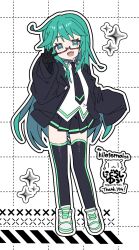  1girl :d artist_logo black_gloves black_jacket black_necktie black_outline black_skirt black_thighhighs borrowed_character collared_shirt commission commissioner_name fang full_body glass gloves green_eyes green_hair grid_background highres jacket logo long_hair miniskirt necktie open_clothes open_jacket original outline pleated_skirt red-framed_eyewear semi-rimless_eyewear shirt shoes skeb_commission skin_fang skirt sleeves_past_fingers sleeves_past_wrists smile solo sparkle tareme thigh-highs under-rim_eyewear untucked_shirt white_background white_outline white_shirt white_shoes yagidon zettai_ryouiki 