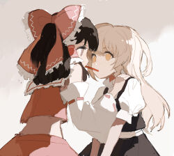  2girls black_skirt black_vest blonde_hair bow chinese_commentary commentary_request detached_sleeves eye_contact food food_in_mouth frilled_bow frilled_hair_tubes frills hair_bow hair_tubes hakurei_reimu hand_on_another's_shoulder highres kirisame_marisa long_hair looking_at_another missing_headwear multiple_girls myth_zhitangdian pocky pocky_in_mouth pocky_kiss puffy_short_sleeves puffy_sleeves red_bow red_skirt ribbon-trimmed_sleeves ribbon_trim short_sleeves skirt skirt_set touhou vest yellow_eyes yuri 