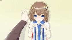  1girl antlers blue_eyes blush bracelet brown_hair commentary_request deer_antlers dress hair_ornament horns index_fingers_together indie_utaite jewelry kabedon kano_(utaite) nervous pov pov_hands red_ribbon ribbon sailor_dress short_hair simple_background solo star_(symbol) star_bracelet star_hair_ornament tanomi twiddling_fingers utaite yellow_background 