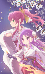  2girls absurdres aikawa_megumi aikawa_megumi_(heart-stirring_flame) blush closed_mouth double_bun floating_hair green_eyes hair_bun hair_ribbon hair_tie haru_meguru heaven_burns_red highres japanese_clothes kunimi_tama long_hair miko multiple_girls pink_eyes pink_hair ponytail ribbon sword tree weapon 