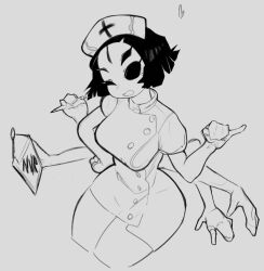  1girl arthropod_girl breasts clipboard cowboy_shot drowsykrid extra_arms extra_eyes greyscale hat holding holding_clipboard holding_pen large_breasts monochrome monster_girl muffet nurse nurse_cap open_mouth pen short_hair simple_background solo spider_girl undertale utdr_(toby_fox) 