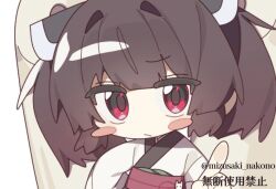  1girl blush_stickers brown_hair chibi chibi_only commentary_request hair_intakes headgear japanese_clothes kimono kiritanpo_(food) long_hair long_sleeves mizusaki_nakono obi raised_eyebrow red_eyes sash simple_background solo touhoku_kiritan twintails upper_body voiceroid white_kimono wide_sleeves 