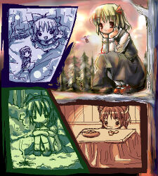  5girls alice_margatroid antennae archived_source artist_request black_dress black_eyes black_vest blonde_hair blue_theme blush bonfire brown_hair bush cape cirno cold collar conifer dress eating elbow_rest flying food frown fruit green_theme hair_ribbon hakurei_reimu hand_rest hugging_own_legs indoors kotatsu long_sleeves lowres mandarin_orange mary_janes multiple_girls multiple_others mystia_lorelei no_sclera oekaki outdoors puffy_short_sleeves puffy_sleeves red_eyes red_shoes red_theme ribbon rumia shoes short_hair short_sleeves snow socks squatting table thigh-highs touhou tree trembling vest white_thighhighs winter wriggle_nightbug 