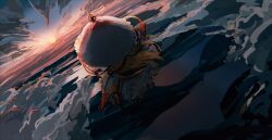  1girl absurdres blonde_hair clouds commentary_request dress facing_away floating from_behind haruaki_(onkai_planaria) highres holding holding_umbrella long_hair outdoors parasol purple_tabard solo sun tabard touhou umbrella very_long_hair white_dress yakumo_yukari yin_yang yin_yang_print 