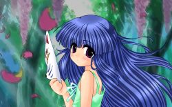  1girl :o bare_arms bare_shoulders blue_hair blunt_bangs commentary dappled_sunlight day dot_nose dress english_commentary expressionless eyes_visible_through_hair falling_petals floating_hair flower forest fox_mask furude_rika green_dress green_ribbon head_tilt highres higurashi_no_naku_koro_ni holding holding_mask light_blush long_hair long_sidelocks mask nature nekotorine official_style outdoors parted_lips petals pink_flower redrawn ribbon ryukishi07_(style) sidelocks sleeveless sleeveless_dress solo sundress sunlight tareme tree upper_body very_long_hair violet_eyes white_mask wind wisteria 