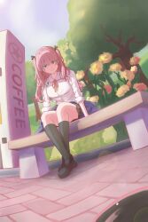  1girl absurdres aikawa_megumi bench clothes_around_waist green_eyes hair_tie heaven_burns_red highres long_hair looking_at_viewer neck_ribbon on_bench park_bench pink_hair red_ribbon ribbon school_uniform sitting skirt tree user_xfza3535 vending_machine 