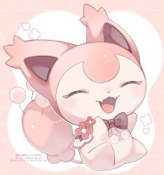  animal_focus black_bow blush bow closed_eyes fangs flower full_body highres iwasi_29 no_humans open_mouth pokemon pokemon_(creature) pokemon_focus skin_fangs skitty smile 