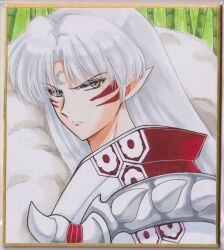  >:( 1boy bamboo chikoto_(kztc4472) closed_mouth commentary crescent crescent_facial_mark facial_mark forehead_mark from_side fur_shawl green_background hexagon highres inuyasha japanese_clothes kimono light_frown long_hair long_sleeves looking_at_viewer looking_to_the_side male_focus parted_bangs photo_(medium) picture_frame pointy_ears sesshoumaru shawl shoulder_spikes solo spikes traditional_media v-shaped_eyebrows whisker_markings white_hair white_kimono yellow_eyes 