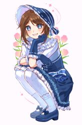  1girl absurdres arm_support blue_bonnet blue_bow blue_gloves blue_hat blue_shoes blue_skirt bonnet bow brown_hair commentary elbow_gloves emma_woods emma_woods_(boudoir_dream) english_commentary flower footwear_bow freckles frilled_shirt frilled_skirt frills full_body gloves hand_on_own_cheek hand_on_own_face hat highres identity_v looking_at_viewer orikawaz pantyhose petticoat pink_flower pink_lips shirt shirt_tucked_in shoes short_hair sidelocks simple_background skirt skirt_bow smile socks socks_over_pantyhose solo squatting swept_bangs symbol-shaped_pupils teeth white_background white_pantyhose white_shirt white_socks x-shaped_pupils 