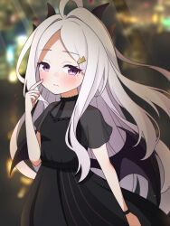  1girl absurdres ahoge alternate_costume black_dress black_horns blue_archive blurry blurry_background blush bracelet commentary_request cowboy_shot demon_horns dress hair_intakes hair_ornament hairpin halo hand_up highres hina_(blue_archive) horns jewelry long_hair long_sidelocks looking_at_viewer low_wings multiple_horns parted_bangs petako_(ptpt_k) short_sleeves sidelocks solo very_long_hair violet_eyes white_hair wings 