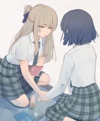  2girls absurdres black_hair braid brown_hair commentary grey_skirt half_up_braid highres holding_another's_wrist long_hair miyagi_shiori multiple_girls open_mouth sendai_hazuki shirt short_hair short_sleeves shuuniichido_classmate_wo_kau_hanashi sitting skirt ueno_yuhi violet_eyes white_shirt 