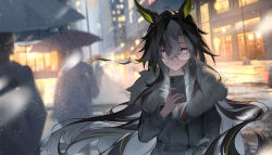  1girl absurdres animal_ears black_coat blonde_streaks cai_ji_(user_jmrv4342) city coat commentary dream_journey_(umamusume) fur-trimmed_coat fur_trim glasses grey_eyes grey_streaks highres holding holding_phone holding_umbrella horse_ears horse_girl long_hair long_sleeves multicolored_hair night outdoors people phone revision semi-rimless_eyewear snowing solo_focus streaked_hair umamusume umbrella untranslatable_commentary very_long_hair 