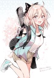  1girl ahoge aqua_shirt aqua_shoes arms_behind_back backpack bag black_bag black_bow blonde_hair bow bracelet brown_shorts cherry_blossoms clothing_cutout collared_shirt commentary draw_happy_set falling_petals fate/grand_order fate_(series) flower_bracelet hair_bow half_updo highres jewelry looking_at_viewer official_alternate_costume okita_souji_(fate) open_mouth petals pink_petals shirt shoes shorts shoulder_cutout sleeveless smile solo white_shirt yellow_eyes 