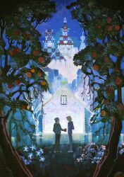  2boys ace_attorney apollo_justice:_ace_attorney apple apple_tree arms_behind_back beanie black_hair black_pants blazer blonde_hair blue_eyes blue_flower blue_hat blue_jacket blue_pants blue_sky blue_suit brown_eyes castle checkered_wall collared_shirt commentary_request drill_hair emeraldiv flower food fruit glasses grey_hoodie hand_in_pocket hat highres holding holding_food holding_fruit hood hoodie jacket kristoph_gavin long_hair multiple_boys neck_ribbon outstretched_hand painterly pants phoenix_wright pink_ribbon ribbon sandals shirt short_hair sky spade_(shape) suit tree white_tree 