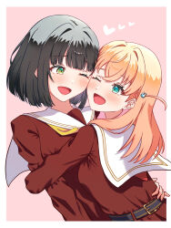  2girls ;d black_hair blunt_bangs blunt_ends bob_cut border brown_dress cerise_bouquet cheek-to-cheek commentary_request crossed_bangs dress eye_contact hair_intakes hair_ornament hand_on_another's_hip hasu_no_sora_school_uniform heads_together heart highres hinoshita_kaho hug link!_like!_love_live! long_sleeves looking_at_another love_live! mano_409 momose_ginko multiple_girls neckerchief one_eye_closed open_mouth pink_background rabbit_hair_ornament red_neckerchief sailor_collar sailor_dress school_uniform short_hair smile two_side_up upper_body virtual_youtuber white_border white_sailor_collar winter_uniform yellow_neckerchief yuri 