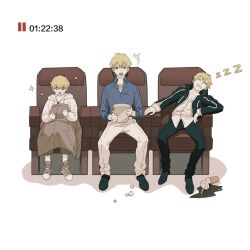  +_+ 3boys black_pants black_shoes blank_eyes blonde_hair blue_shirt blush boots brown_boots brown_jacket bucket chair child child_gilgamesh_(fate) clenched_hands cola collared_shirt commentary_request cup disposable_cup drinking_straw drooling earrings fate/grand_order fate/hollow_ataraxia fate/stay_night fate_(series) food full_body gilgamesh_(caster)_(fate) gilgamesh_(establishment)_(fate) gilgamesh_(fate) gilgamesh_(immoral_biker_jacket)_(fate) gold_earrings gold_necklace green_pants hair_between_eyes holding holding_bucket hood hoodie hoop_earrings jacket jewelry leaning_to_the_side long_sleeves looking_at_viewer male_focus multiple_boys multiple_persona necklace nunok official_alternate_costume on_chair open_clothes open_jacket open_mouth pants pause_button popcorn red_eyes shadow shirt shoes short_hair sleeping spread_legs star_(symbol) t-shirt teeth timestamp tongue unworn_jacket v-shaped_eyebrows white_hoodie white_pants white_shirt wide-eyed zzz 