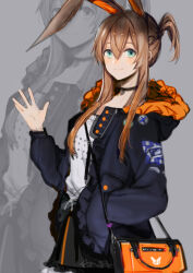  1girl absurdres alternate_costume alternate_hairstyle amiya_(arknights) animal_ears aqua_eyes arknights bag black_choker black_jacket black_skirt blue_jacket blush brown_hair casual choker closed_mouth clothes_writing commentary cowboy_shot green_eyes grey_background hair_between_eyes hand_in_pocket hand_up handbag highres hood hood_down hooded_jacket jacket long_hair long_sleeves looking_at_viewer miniskirt one_side_up open_clothes open_jacket rabbit_ears rabbit_girl shenjing_yuan shirt shoulder_bag sidelocks skirt smile solo waving white_shirt zoom_layer 