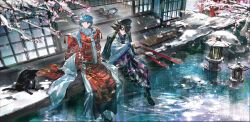  2boys 99ki5 arm_on_knee balcony black_hair black_hat blue_hair blurry blurry_background blurry_foreground bruno_(yu-gi-oh!) building cat caustics cherry_blossoms coat cup cutting_board dappled_sunlight earrings facing_to_the_side flower fudo_yusei grey_eyes grey_kimono hair_over_one_eye hand_fan hand_on_ground hat highres holding holding_fan jacket jacket_on_shoulders japanese_clothes jewelry kimono knee_up lantern ledge light_particles looking_to_the_side male_focus multiple_boys open_clothes open_coat open_door outdoors peaked_cap pink_flower pool red_kimono ripples sandals scarf side-by-side sitting skis spiky_hair sunlight table teacup teapot tree unworn_coat water white_scarf yu-gi-oh! yu-gi-oh!_5d's 
