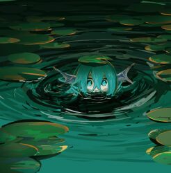 1girl blue_eyes blue_hair commentary_request fins hair_between_eyes haruaki_(onkai_planaria) head_fins highres looking_at_viewer lotus_leaf merfolk mermaid monster_girl outdoors partially_submerged ripples solo touhou wakasagihime water 