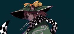  1girl absurdres animal_ears brown_hair checkered_clothes checkered_scarf closed_mouth commentary_request from_side futatsuiwa_mamizou glasses green_background green_kimono haruaki_(onkai_planaria) hat_bell highres japanese_clothes kimono looking_at_viewer medium_hair raccoon_ears raccoon_girl red_eyes scarf simple_background smile solo touhou upper_body 