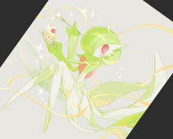  1girl blush bob_cut cake cake_slice colored_skin commentary dress food fork gardevoir green_hair green_skin grey_background holding holding_fork holding_plate multicolored_skin pink_eyes plate pokemon pokemon_(creature) signature sok_(mr14_c) two-tone_skin white_dress white_skin 