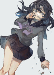  1girl absurdres bandaged_head bandages black_hair commentary_request grey_eyes highres juusan_kihei_bouei_ken long_hair looking_at_viewer medicine medicine_bottle nago_(75) open_mouth pill school_uniform serafuku shinonome_ryouko_(juusan_kihei_bouei_ken) skirt solo 