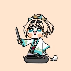  1girl alicemuyuki black_gloves black_hairband black_skirt blonde_hair blue_eyes blue_skirt blush_stickers bow bright_pupils chest_sarashi chibi chibi_only commentary double-parted_bangs english_commentary full_body gloves hair_bow hairband hakama hakama_short_skirt hakama_skirt haori highres holding holding_sword holding_weapon hololive hololive_english japanese_clothes katana kazama_iroha kazama_iroha_(1st_costume) kimono kneeling medium_hair miniskirt multicolored_bow multicolored_skirt orange_background ponytail robotic_vacuum_cleaner sarashi simple_background skirt solo sword v-shaped_eyebrows virtual_youtuber weapon white_haori white_kimono white_pupils 