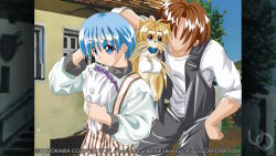  1nd_protagonist 2000s_(style) 2boys animal_ears animal_nose anime_coloring arm_behind_back atelier-moo blonde_hair blue_eyes blue_hair blue_scarf body_fur brown_fur brown_hair christpher_cross closed_mouth creature dog_ears faceless faceless_male flower game_cg gloves hair_between_eyes holding holding_flower long_sleeves multiple_boys no_eyewear non-web_source official_art open_clothes open_vest pants raised_inner_eyebrows robe scarf shirt short_hair standing striped_clothes striped_pants teddy_(yuukyuu_gensoukyoku) thick_eyebrows vest white_gloves white_shirt yuukyuu_gensoukyoku 