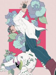  1boy black_bridal_gauntlets black_hair blue_flower blue_pants blue_rose boots bridal_gauntlets butagori_pk commentary_request floral_background flower ghiaccio glasses highres jojo_no_kimyou_na_bouken male_focus pants pinstripe_pattern red_boots rose shirt stand_(jojo) striped_clothes striped_pants vento_aureo vertical-striped_clothes vertical-striped_pants white_album_(stand) 
