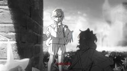  2boys aged_down blush bow bowtie brick_wall commentary_request facing_another feet_out_of_frame field flower flower_field from_behind hair_between_eyes hair_over_one_eye hand_on_wall highres ian_(unholymilk) long_sleeves looking_at_viewer medium_hair merlin_(unholymilk) monochrome multiple_boys original outdoors parted_lips puffy_shorts reaching reaching_towards_another shirt short_hair shorts sitting sketch sky socks spot_color standing thai_commentary thai_text translation_request unholymilk upper_body 
