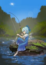  1girl barefoot blue_bow blue_dress blue_eyes blue_hair blue_sky bow cirno closed_mouth commentary day detached_wings dress fish fishing fishing_rod hair_bow highres holding holding_fishing_rod ice ice_wings outdoors petarikooo pinafore_dress puffy_short_sleeves puffy_sleeves shirt short_sleeves sitting sky sleeveless sleeveless_dress smile solo sun toes touhou water white_shirt wings 