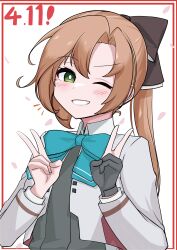  1girl absurdres akigumo_(kancolle) akigumo_kai_ni_(kancolle) aqua_bow aqua_bowtie artist_glove black_gloves blazer bow bowtie brown_hair commentary_request dated dress gloves green_eyes grey_dress grin halter_dress halterneck highres jacket kantai_collection long_hair mole mole_under_eye one_eye_closed partially_fingerless_gloves ponytail single_glove smile solo tokiwa_senkei upper_body white_jacket 