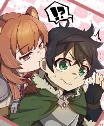  ! !? 1boy 1girl :> ? animal_ear_fluff animal_ears armor biting biting_ear black_gloves black_hair black_shirt blunt_bangs breastplate brown_gloves brown_hair brown_shirt chest_guard cloak collared_dress collared_shirt commentary_request double-parted_bangs dress elbow_gloves fingerless_gloves fur-trimmed_collar fur_trim gloves green_cloak green_eyes grey_armor hand_up high_collar highres hood hood_down hooded_cloak layered_shirt leather leather_gloves long_hair long_sleeves messy_hair metal_wrist_cuffs neck_ribbon open_collar pauldrons raccoon_ears raccoon_girl raphtalia raziel7341ch red_eyes red_ribbon ribbon shirt short_hair short_sleeves shoulder_armor spanish_commentary speech_bubble spoken_exclamation_mark spoken_question_mark straight_hair surprised sweatdrop swept_bangs tate_no_yuusha_no_nariagari triangle_mouth upper_body wavy_mouth white_dress yellow_trim 