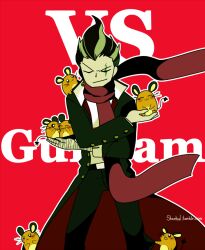  :/ animal artist_name bandaged_arm bandages black_coat black_hair coat danganronpa_(series) dedenne dynamic_pose earrings holding holding_animal jewelry mouse_(animal) pokemon pokemon_(creature) red_background red_scarf scar scar_on_face scarf sheebal shirt single_earring tanaka_gundham v-shaped_eyebrows white_shirt 