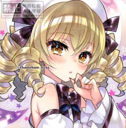  1girl blonde_hair blush bow bowtie brown_bow brown_bowtie chacham commentary_request detached_sleeves dress drill_hair fairy fairy_wings hat looking_at_viewer luna_child medium_hair open_mouth solo star_(symbol) touhou traditional_media watermark white_dress white_hat wings yellow_eyes 