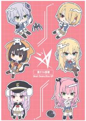  6+girls :< :q aikawa_megumi animal_ears animal_hood animal_on_head asakura_karen_(heaven_burns_red) black_cape black_hat black_ribbon blonde_hair blue_jacket blunt_bangs border braid brown_pantyhose bun_cover cape cat cat_ears cat_hood cat_on_head chibi chibi_only closed_mouth commentary_request double_bun double_v fake_animal_ears frown full_body glasses green_eyes grey_hair hair_bun hair_ornament hair_over_one_eye hair_ribbon hairclip half_up_braid hands_up hat heaven_burns_red highres hood hood_up hooded_jacket izumi_yuki jacket kayamori_ruka kunimi_tama long_hair long_sleeves looking_at_another looking_at_viewer low_twintails multiple_girls narby_(heaven_burns_red) on_head one_eye_covered open_clothes open_jacket orange_jacket outline pantyhose parallel_hairclips peaked_cap pink_eyes pink_hair red_background red_eyes ribbon round_eyewear short_hair simple_background siromochino sitting slime_(creature) smile standing striped_clothes striped_pantyhose team_31a_(heaven_burns_red) teheperinko_(heaven_burns_red) tehepero thigh-highs tongue tongue_out toujou_tsukasa twintails two_side_up v v-shaped_eyebrows vertical-striped_clothes vertical-striped_pantyhose white_border white_outline white_ribbon white_thighhighs zettai_ryouiki 