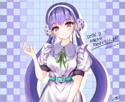  1girl arm_up belt checkered_background closed_mouth commentary_request double_bun green_belt green_ribbon hair_bun heaven_burns_red highres kiri_giri41 looking_at_viewer neck_ribbon purple_hair red_eyes ribbon satsuki_mari signature twintails twitter_username 